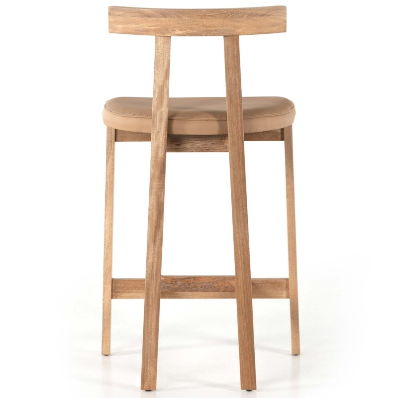 Doğal Ahşap Gövdeli Deri Döşemeli Tezgâh ve Bar Taburesi